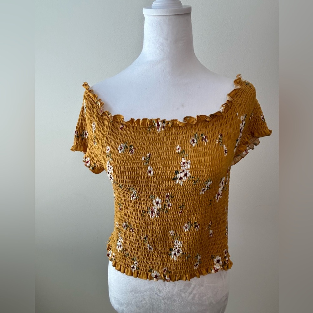Justify Mustard Yellow Smocked Floral Crop Top – Size XL (Runs Small)